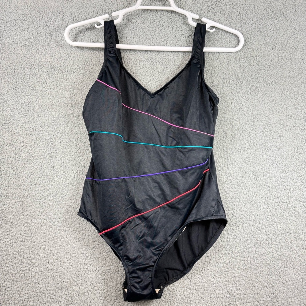 Elegant Black One-Piece Swimsuit‎ with Vibrant Stripes